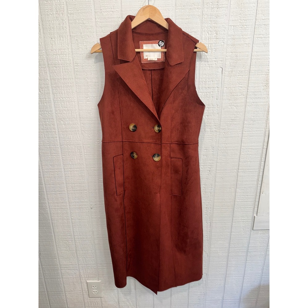 Anthropologie Long Vest Women M Rust Faux Suede Double Breasted Midi Size M